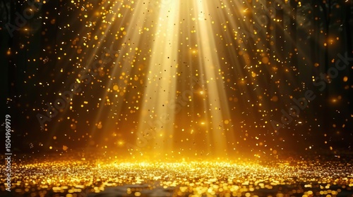 Stunning image of golden confetti showering down with bright light rays illuminating.