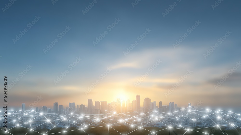 Fototapeta premium Smart City Skyline Sunrise Network Technology Connectivity Global Communication