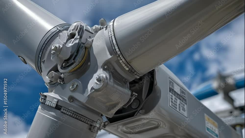 Close up of a modern aircraft helicopter rotor head showing intricate mechanical components against a cloudy blue sky background.