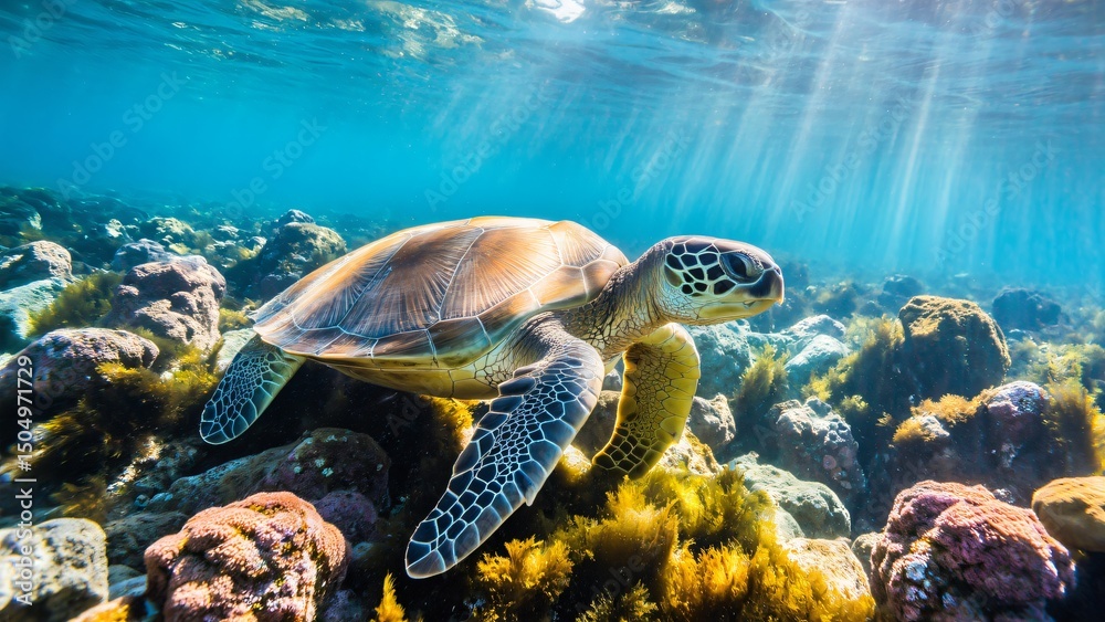 Obraz premium Underwater Sea Turtle Swimming Over Coral Reef in Clear Blue Ocean