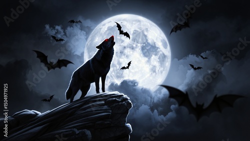 Dark Wolf Howling at Full Moon with Bats Flying in Night Sky