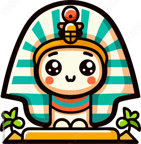 Cute Pharaoh Cartoon Illustration with Colorful Nemes Headdress and Smiling Face – Ancient Egypt Vector for Kids and Education