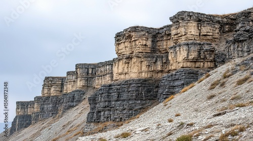 Rugged cliff face with layered rock formations.