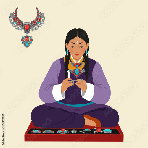 Person Crafting Traditional Jewelry with Gemstones and Beads Sitting Down