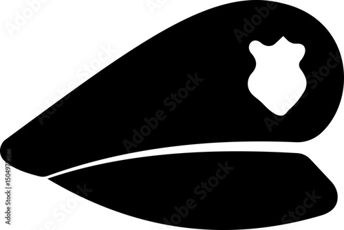 Black police hat icon in flat style. Police officer uniform item with badge. Realistic policeman uniform headgear vector from law and justice for web and mobile app isolated on transparent background.
