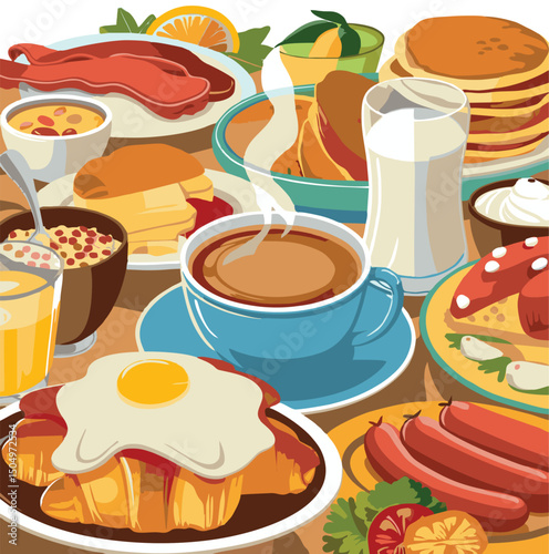 A colorful and vibrant assortment of delicious food items including fast food, traditional meals, desserts, snacks, and refreshing drinks. Perfect for restaurant menus, food blogs, culinary websites, 