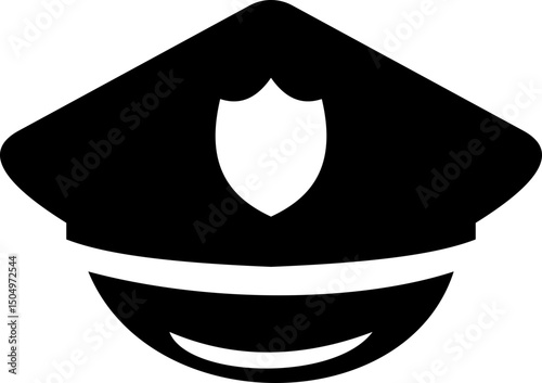 Black police hat icon in flat style. Police officer uniform item with badge. Realistic policeman uniform headgear vector from law and justice for web and mobile app isolated on transparent background.