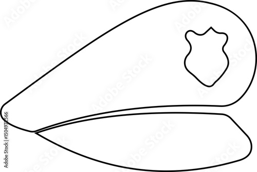 Black police hat icon in flat style. Police officer uniform item with badge. Realistic policeman uniform headgear vector from law and justice for web and mobile app isolated on transparent background.