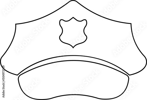 Black police hat icon in flat style. Police officer uniform item with badge. Realistic policeman uniform headgear vector from law and justice for web and mobile app isolated on transparent background.