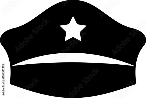 Black police hat icon in flat style. Police officer uniform item with badge. Realistic policeman uniform headgear vector from law and justice for web and mobile app isolated on transparent background.