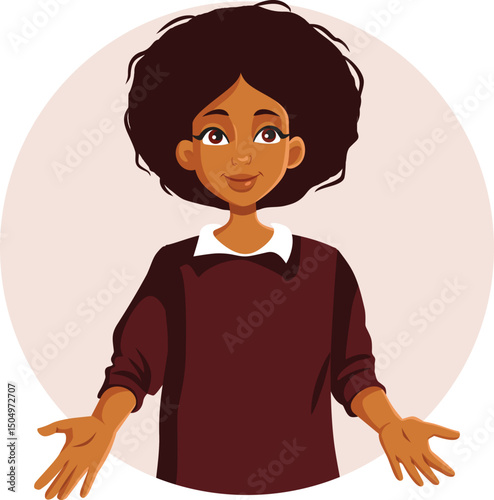 Smiling Woman Welcoming with open Arms Vector Cartoon illustration. Welcoming girl who shows kindness and empathy

