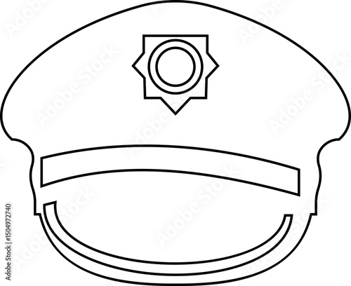 Black police hat icon in flat style. Police officer uniform item with badge. Realistic policeman uniform headgear vector from law and justice for web and mobile app isolated on transparent background.