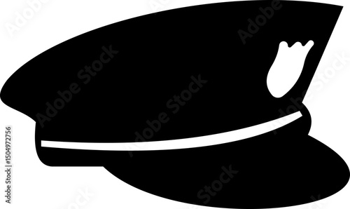 Black police hat icon in flat style. Police officer uniform item with badge. Realistic policeman uniform headgear vector from law and justice for web and mobile app isolated on transparent background.