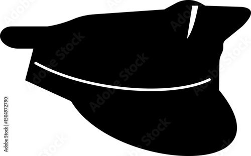 Black police hat icon in flat style. Police officer uniform item with badge. Realistic policeman uniform headgear vector from law and justice for web and mobile app isolated on transparent background.