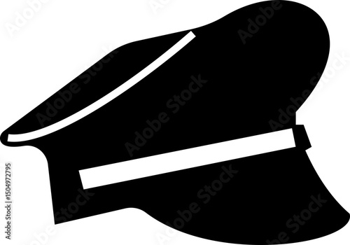 Black police hat icon in flat style. Police officer uniform item with badge. Realistic policeman uniform headgear vector from law and justice for web and mobile app isolated on transparent background.
