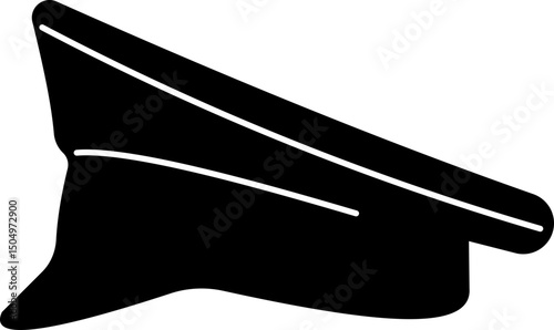 Black police hat icon in flat style. Police officer uniform item with badge. Realistic policeman uniform headgear vector from law and justice for web and mobile app isolated on transparent background.
