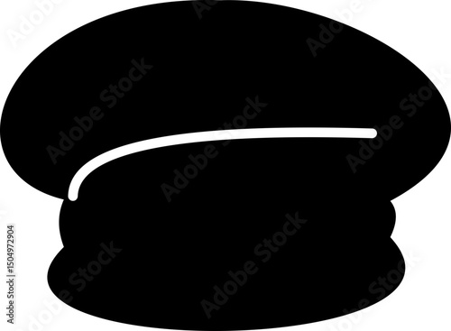 Black police hat icon in flat style. Police officer uniform item with badge. Realistic policeman uniform headgear vector from law and justice for web and mobile app isolated on transparent background.