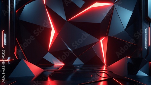 Futuristic Geometric Background with Red Neon Light and Dark Abstract Shapes

