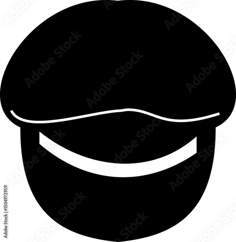 Black police hat icon in flat style. Police officer uniform item with badge. Realistic policeman uniform headgear vector from law and justice for web and mobile app isolated on transparent background.