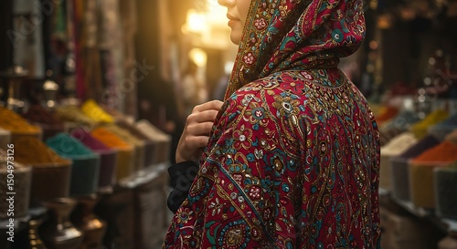 Woman in traditional headscarf in a middle eastern spice market setting photo