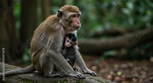 Mother Monkey Tenderly Cradling Infant: A Serene Wildlife Portrait