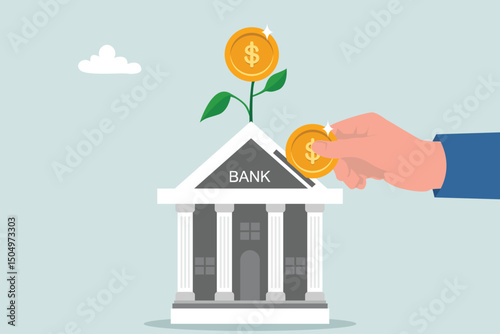 Businessmen put coins into a bank that grows money plants.