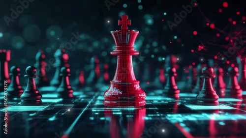 Futuristic Surreal Red King Piece in Chess Game with Black Pieces on Digital Board. Strategy and business concept