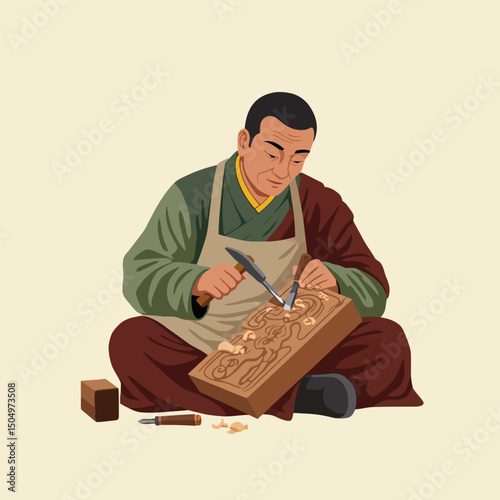 Man Carving Wood Block Intricately with Chisel and Hammer Illustration