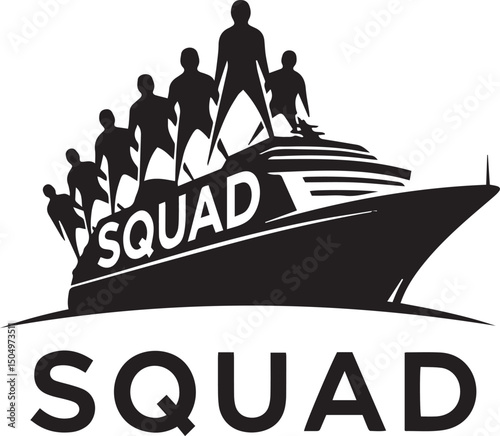 Premium vector stylized silhouettes stand atop a boat, with the word "SQUAD" appearing both on the boat's side and below the entire image. 