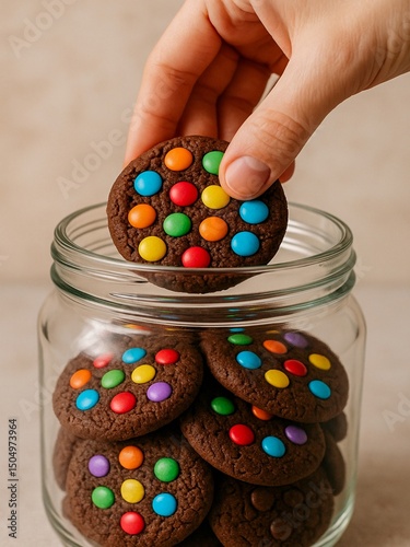 A hand is reaching into a jar to take a chocolate cookie topped with colorful candy-coated grains. The cookie sits among several others inside the clear glass jar, and the vibrant colors of the toppin