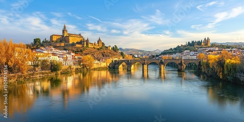 A riverside cityscape featuring historic cathedrals, castles, and old stone bridges