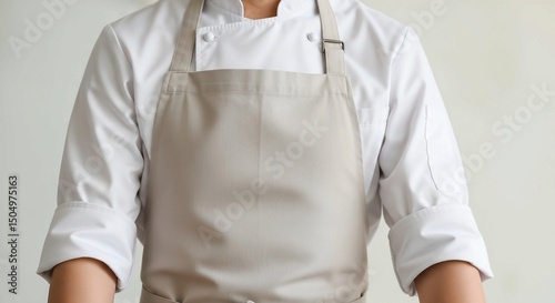 Professional chef or cook, dressed in a clean white jacket and light-colored apron.
