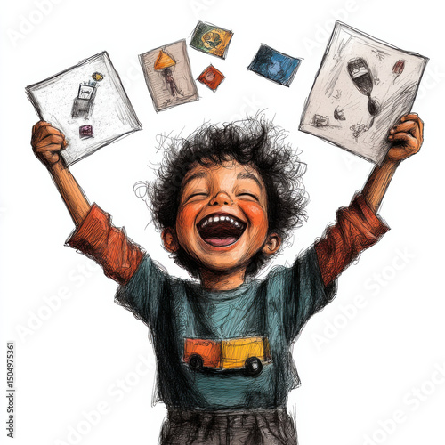 Joyful child with curly hair is enthusiastically holding up two pieces of paper, each featuring colorful drawings. child is wearing shirt with truck design, expressing excitement and creativity