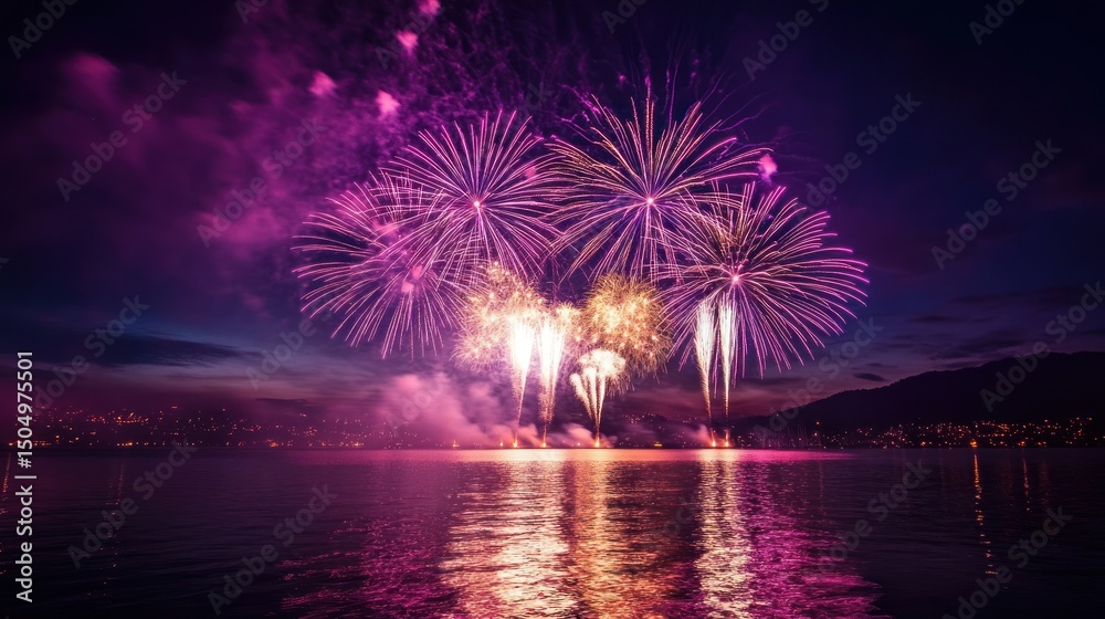 Fototapeta premium A dazzling fireworks display exploding over a calm lake at night.