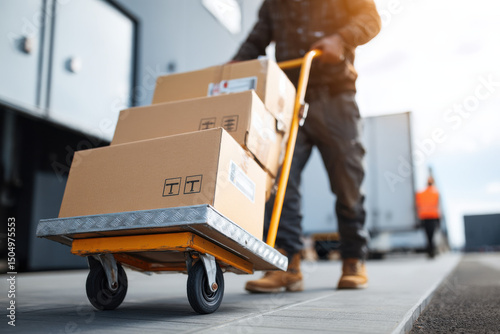 Truck driver unloading boxes with hand truck at loading dock symbolizing delivery logistics and supply chain