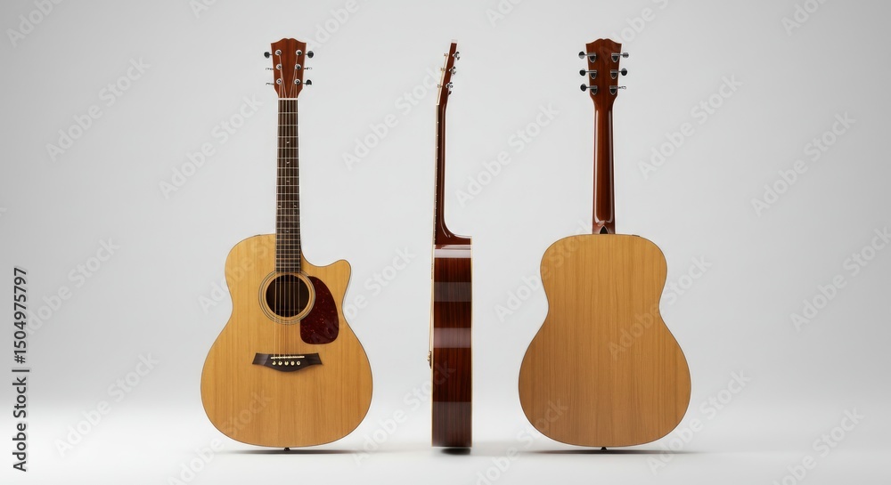 Naklejka premium Acoustic Guitar: A Detailed Studio Shot showcasing Natural Wood Grain