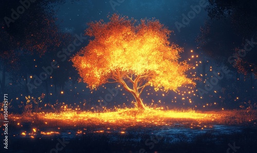 Digital art of a glowing tree in a dark forest, symbolizing hope and growth, Generative AI