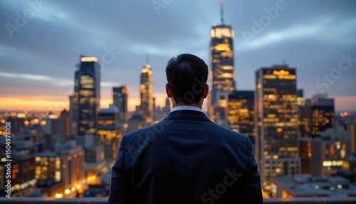 Businessman Facing City Skyline at Dusk with Illuminated Buildings