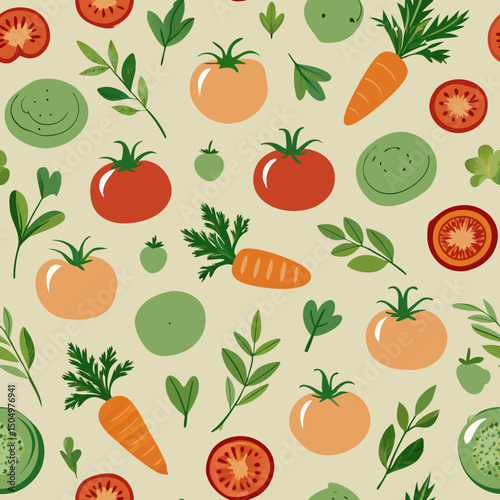 Colorful seamless vector pattern of vegetables and herbs on beige background  