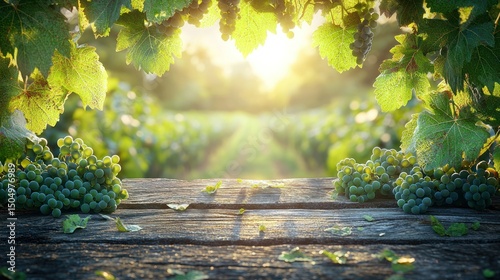 Fototapeta Naklejka Na Ścianę i Meble -  Rustic wooden table, fresh grapes, vineyard sunset