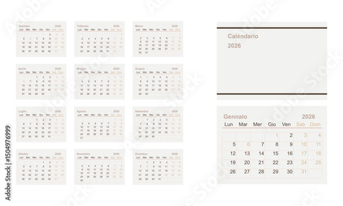 2026 calendar minimalist on Italian language with italian holidays. Week start on Monday.	