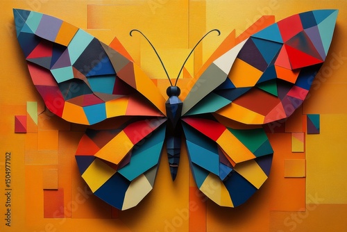 abstract representation of a butterfly made from overlapping geometric shapes in vibrant colors, Generative AI