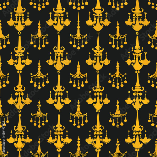 Golden chandeliers motif seamless vector pattern on black background  