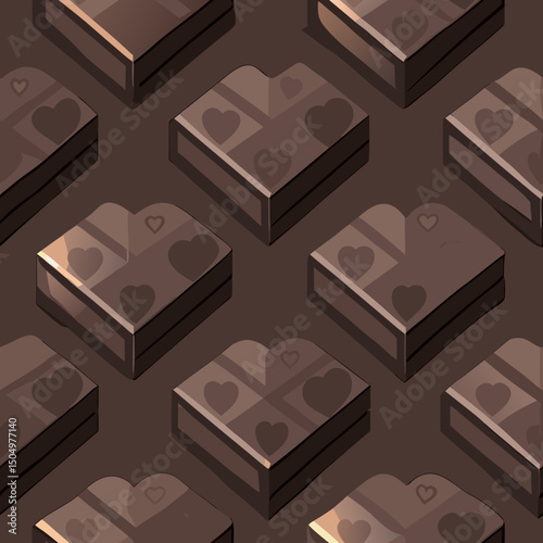 Dark chocolate bars seamless vector pattern with heart shapes  