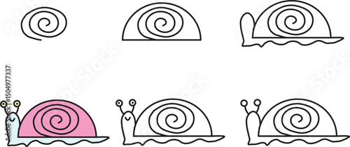 Step by step tutorial to draw a cute pink snail in simple cartoon style, ideal for kids’ learning, art worksheets, and preschool activities