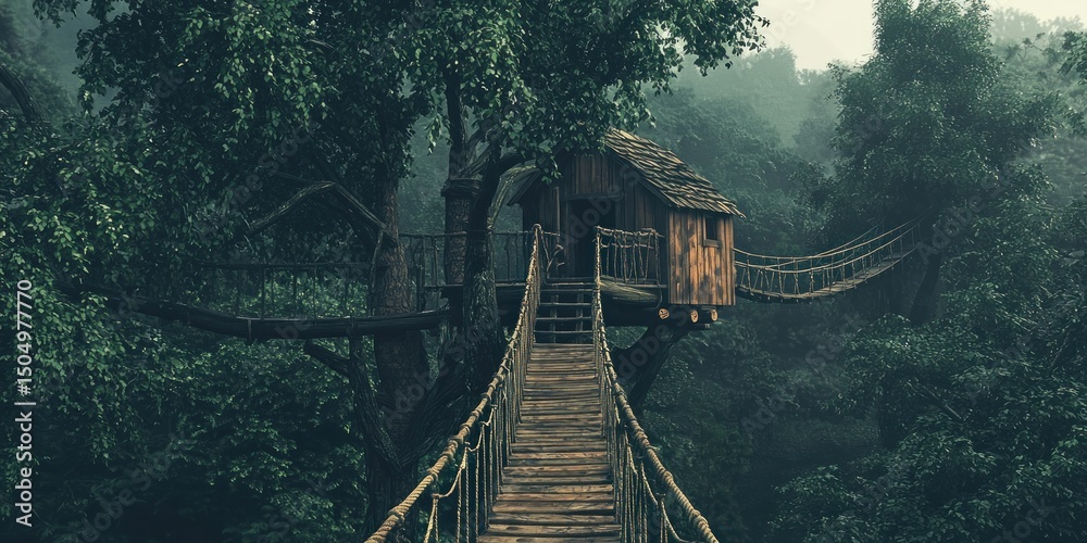 Fototapeta premium A rustic wooden treehouse with a rope bridge connecting it to another tree
