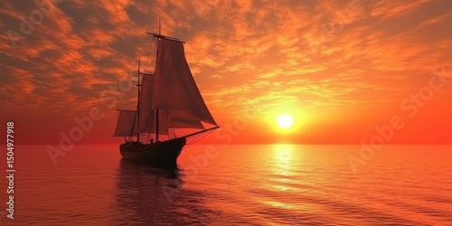 A sailboat drifting on calm waters, silhouetted against a fiery sunset sky photo