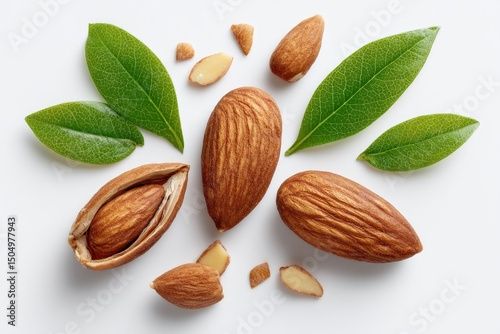 Almonds arranged with fresh leaves
