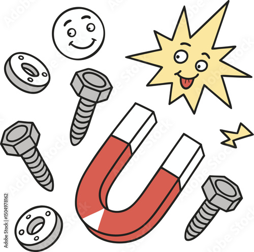 cartoon magnet attracting bolts and smiling faces