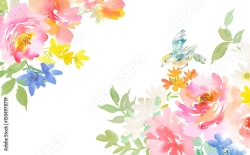 Vector frame illustration of abstract pink peonies , roses, little bird and wild flowers painted in watercolor. hand painted floral background for spring and summer.